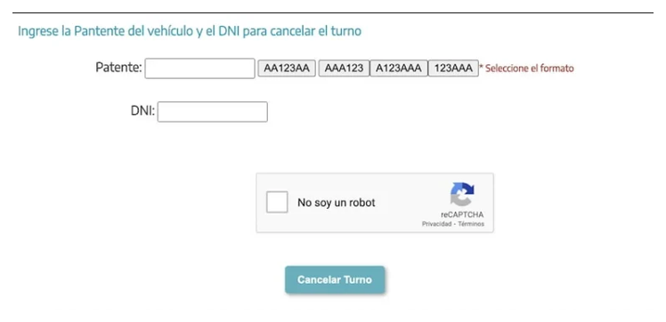 Pantalla para cancelar el turno de la VTV en Luján con patente y DNI